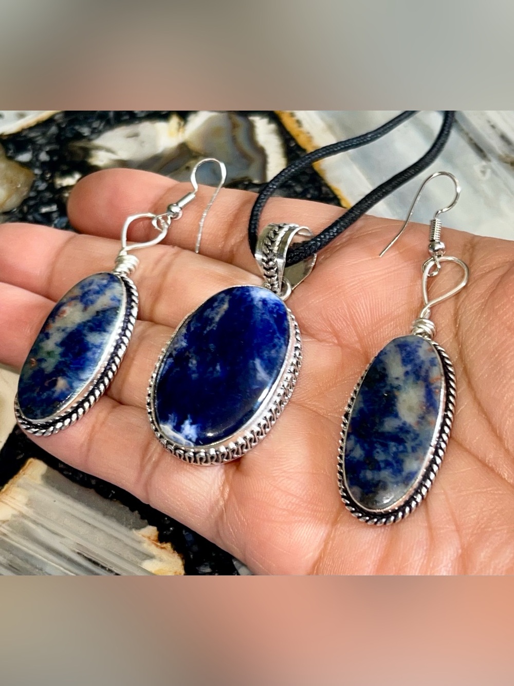 Navy Sodalite Earrings & Pendant Set